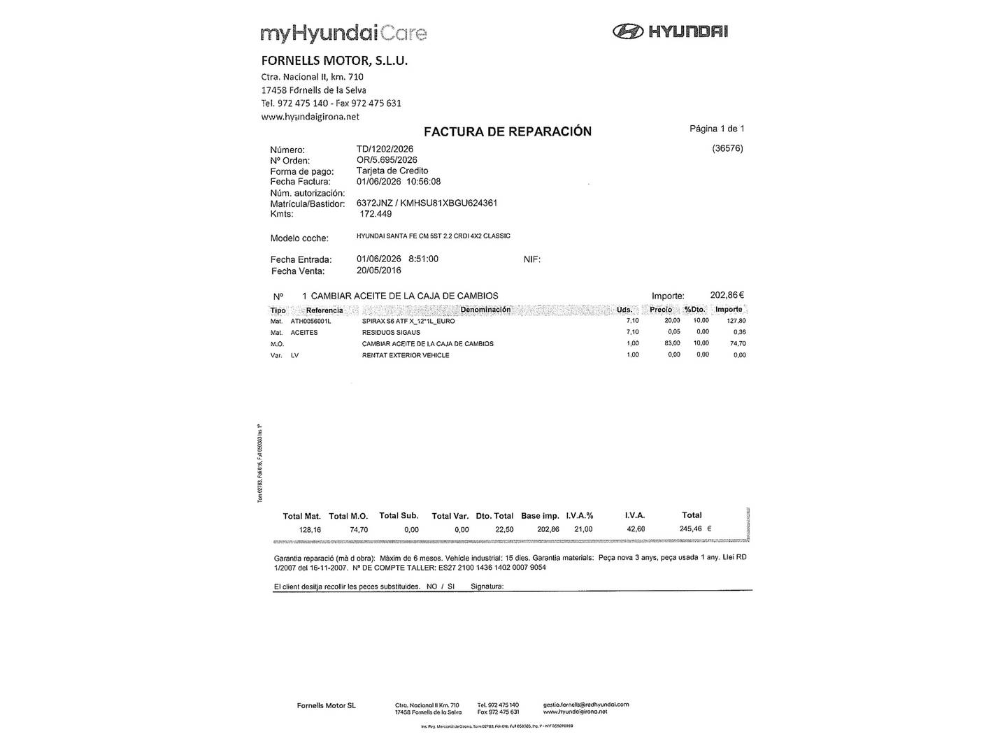 Foto del mantenimiento del Hyundai Santa Fe Hyundai Santa Fe 2.2 CRDI Tecno 4x2 Auto (200 CV)7 Plazas