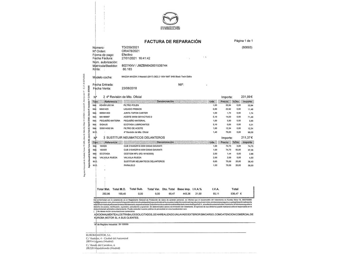 Foto del mantenimiento del Mazda Mazda3 Mazda Mazda 3 2.2 DE MT Black Tech Edition (150 CV)