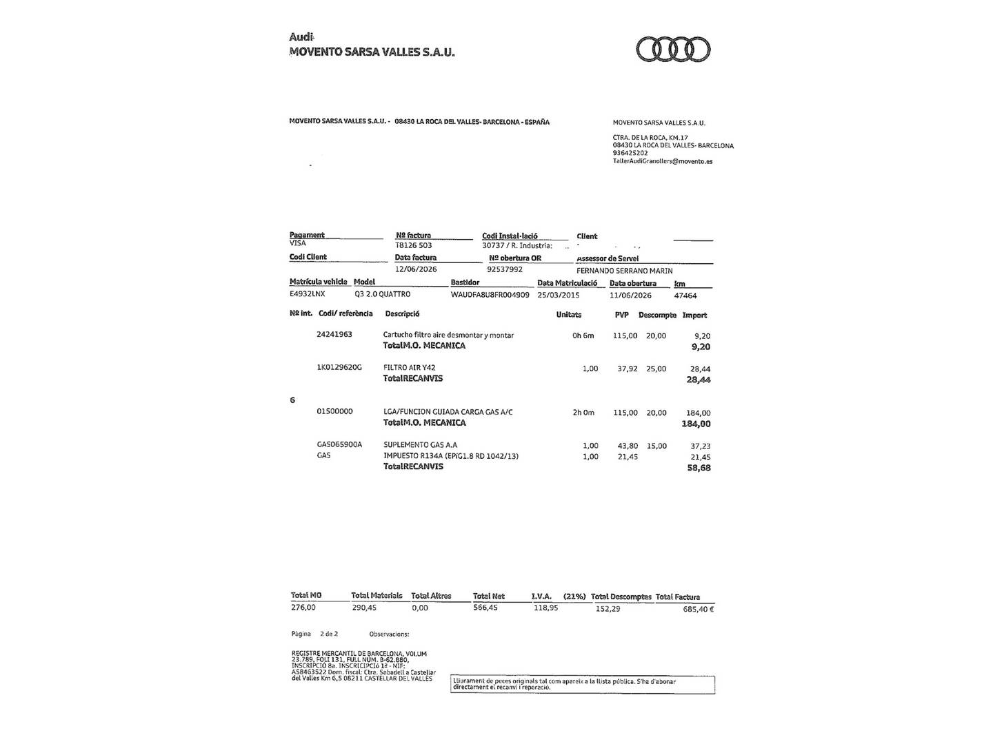 Foto del mantenimiento del Audi Q3 Audi Q3 Attraction 2.0 TFSI quattro (170 CV) S tronic 4x4