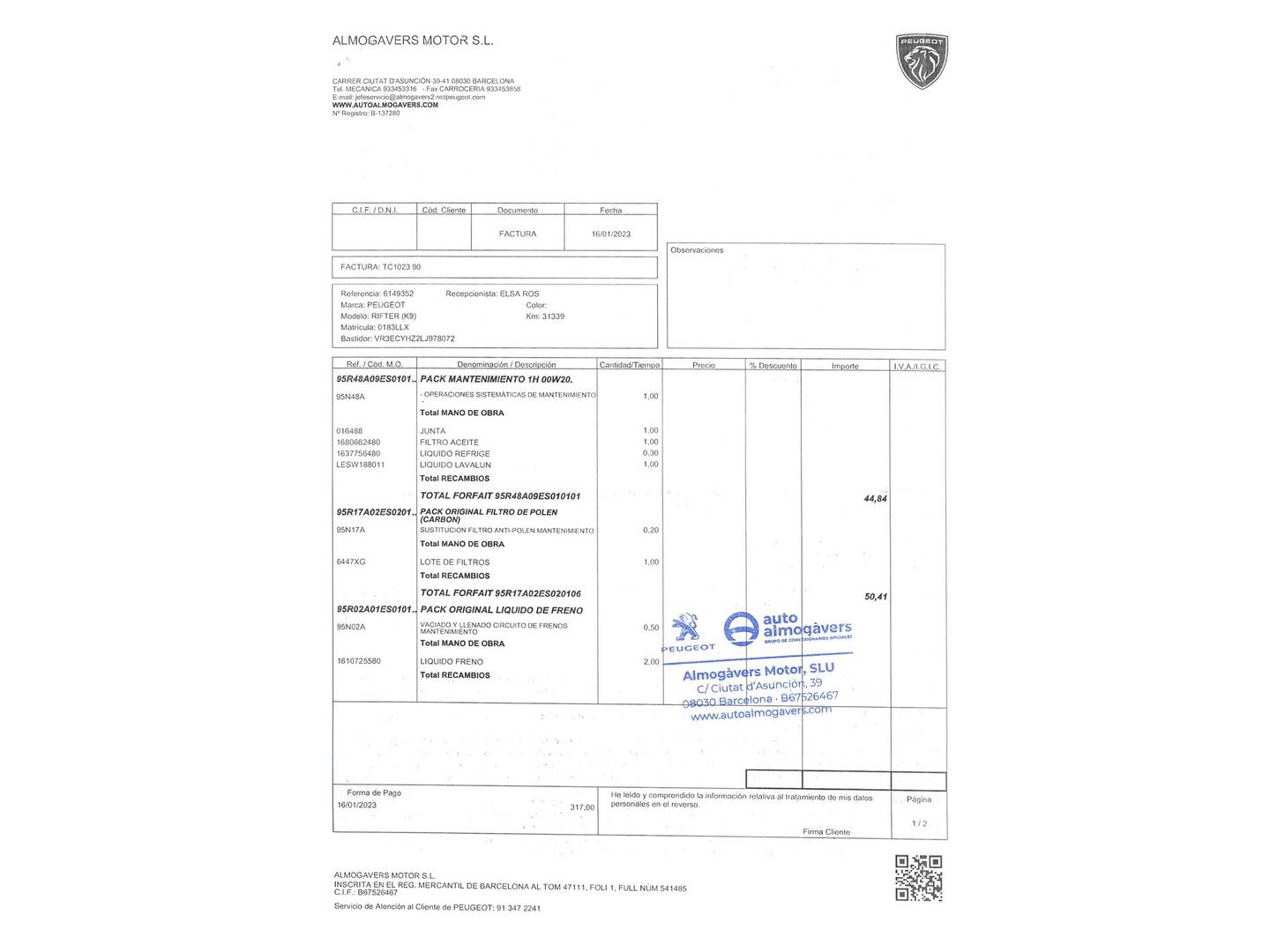 Foto del mantenimiento del Peugeot Rifter Peugeot Rifter BlueHDi 130 GT Standard (130 CV)