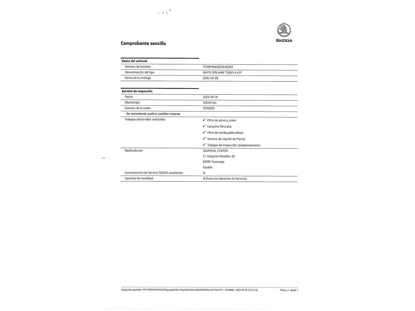 Foto del mantenimiento del Skoda Spaceback Skoda Spaceback 1.4 TDI Ambition DSG (90 CV)