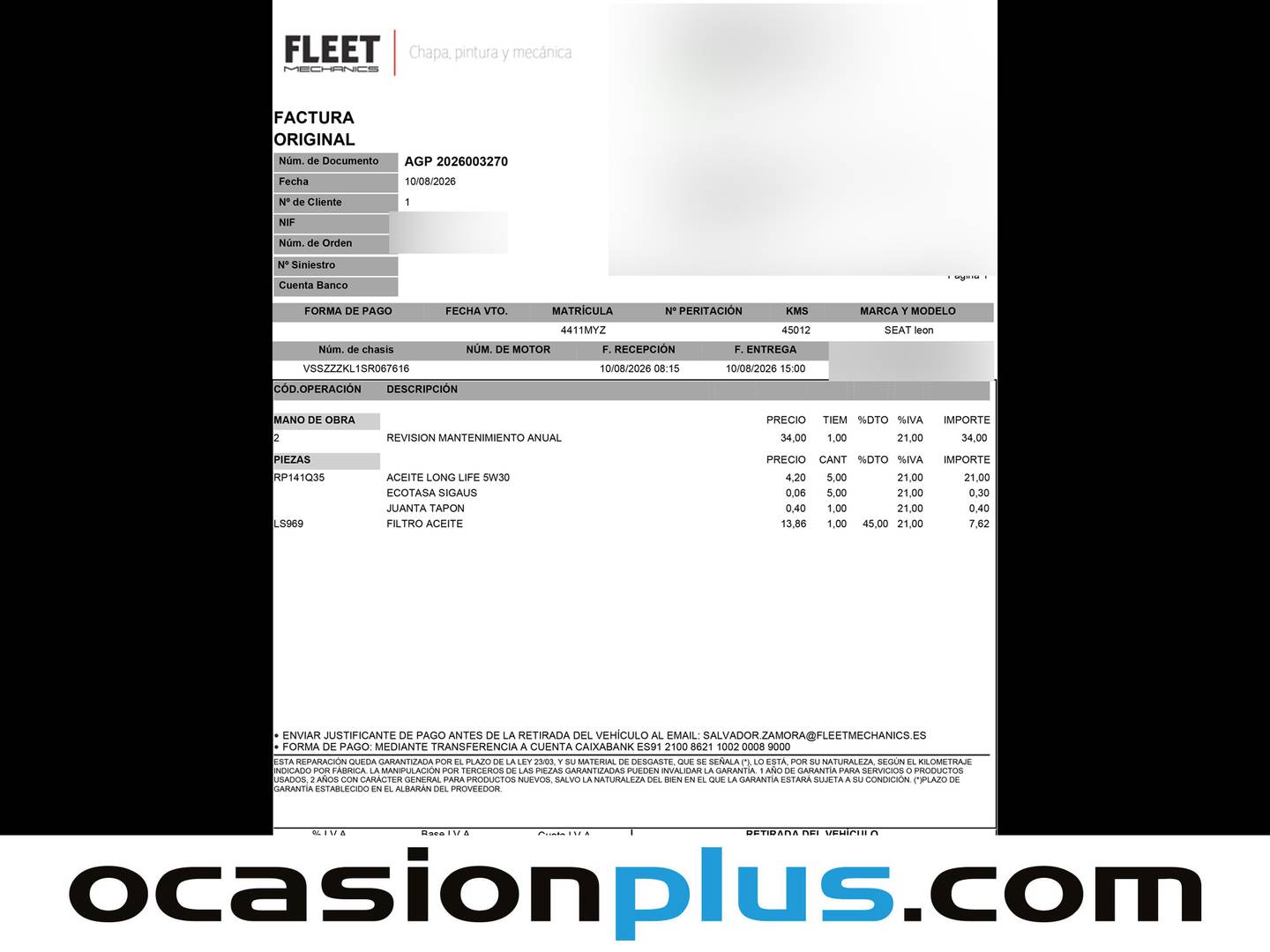 Foto del mantenimiento del Seat León Seat León 1.5 TSI S&S FR 25 Aniversario (116 CV)
