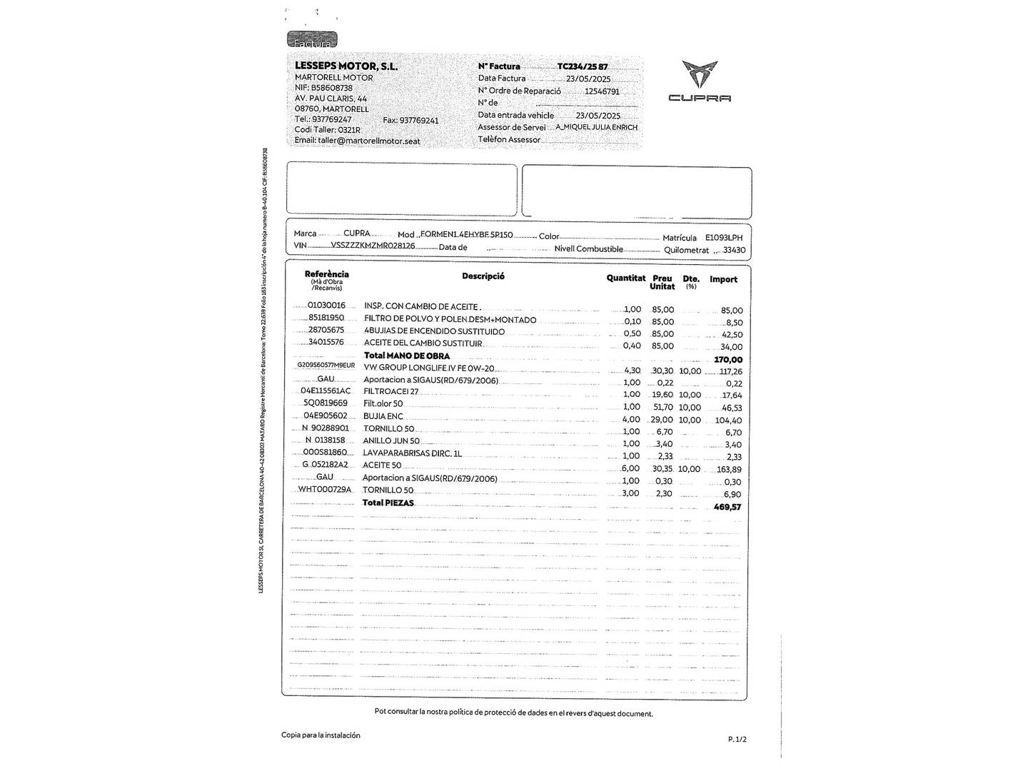 Foto del mantenimiento del Cupra Formentor Cupra Formentor 1.4 e-Hybrid DSG (204 CV)