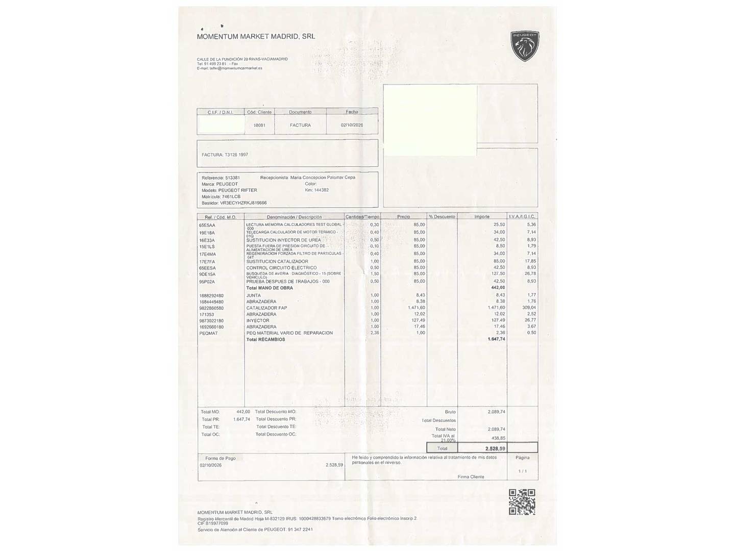 Foto del mantenimiento del Peugeot Rifter Peugeot Rifter GT Line Long BlueHDi (130 CV)