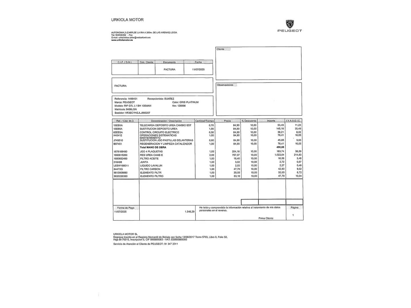 Foto del mantenimiento del Peugeot Rifter Peugeot Rifter BlueHDi 130 GT Line Standard (130 CV) Semi-Camperizada 5 Plazas