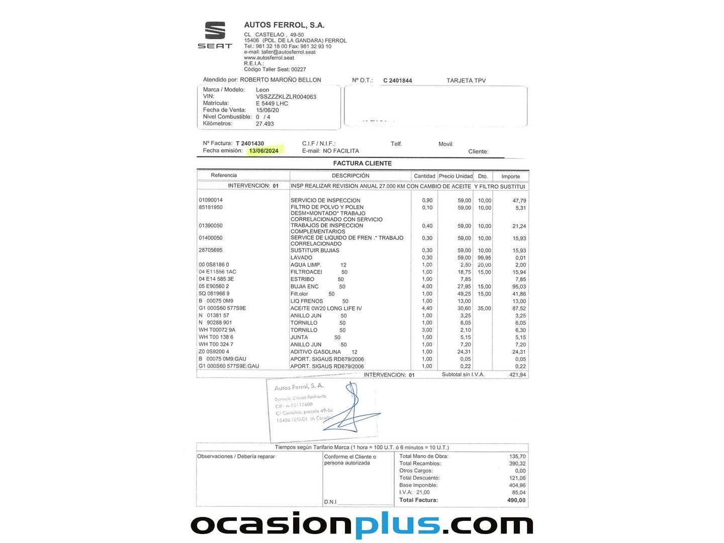 Foto del mantenimiento del Seat León SEAT León 1.5 eTSI S&S FR Launch Pack L DSG (150 CV)