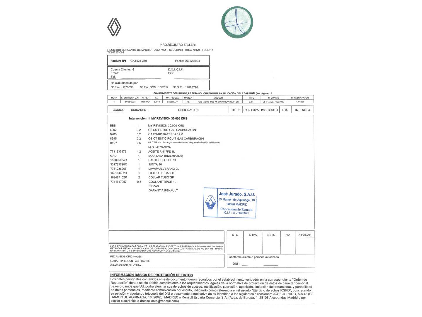 Foto del mantenimiento del Renault Clio Renault Clio Techno TCe (100 CV) GLP