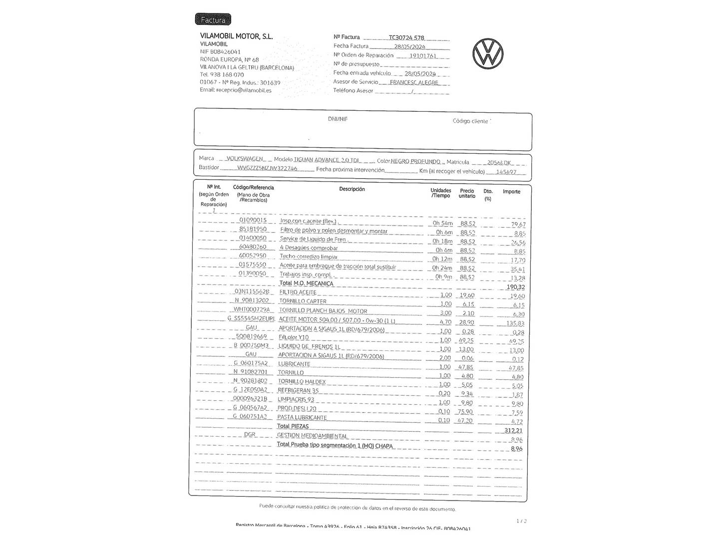 Foto del mantenimiento del Volkswagen Tiguan Volkswagen Tiguan Advance 2.0 TDI BMT 4Motion (150 CV) DSG