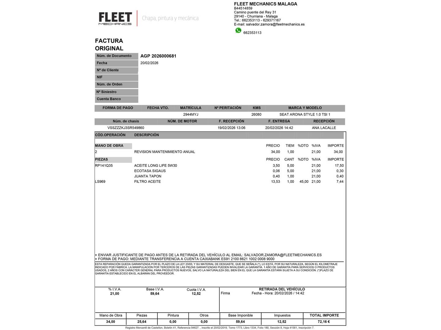 Foto del mantenimiento del Seat Arona Seat Arona 1.0 TSI Style XL (115 CV)
