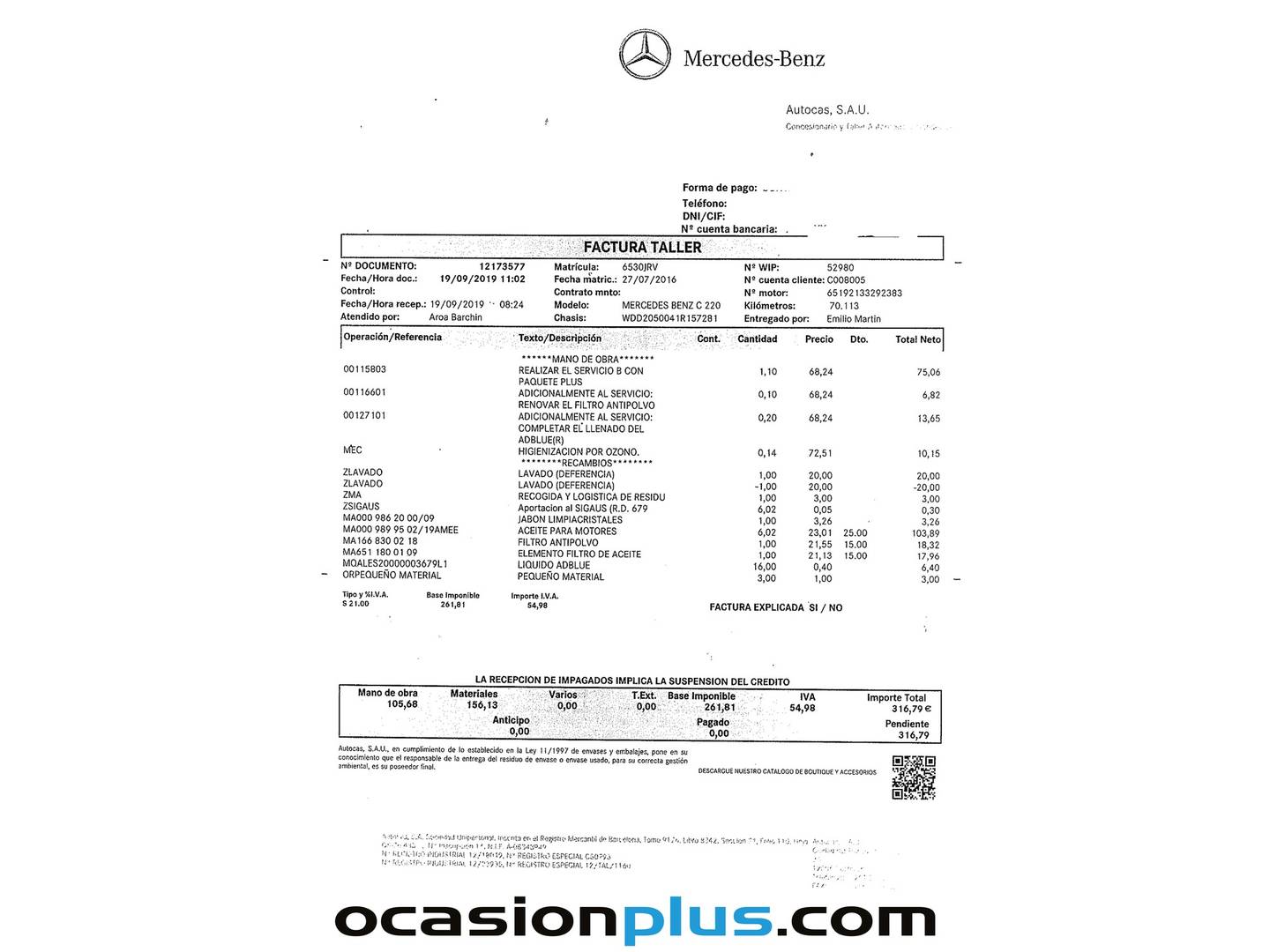 Foto del mantenimiento del Mercedes Clase C Mercedes Clase C Clase C C 220 d Avantgarde (170 CV)