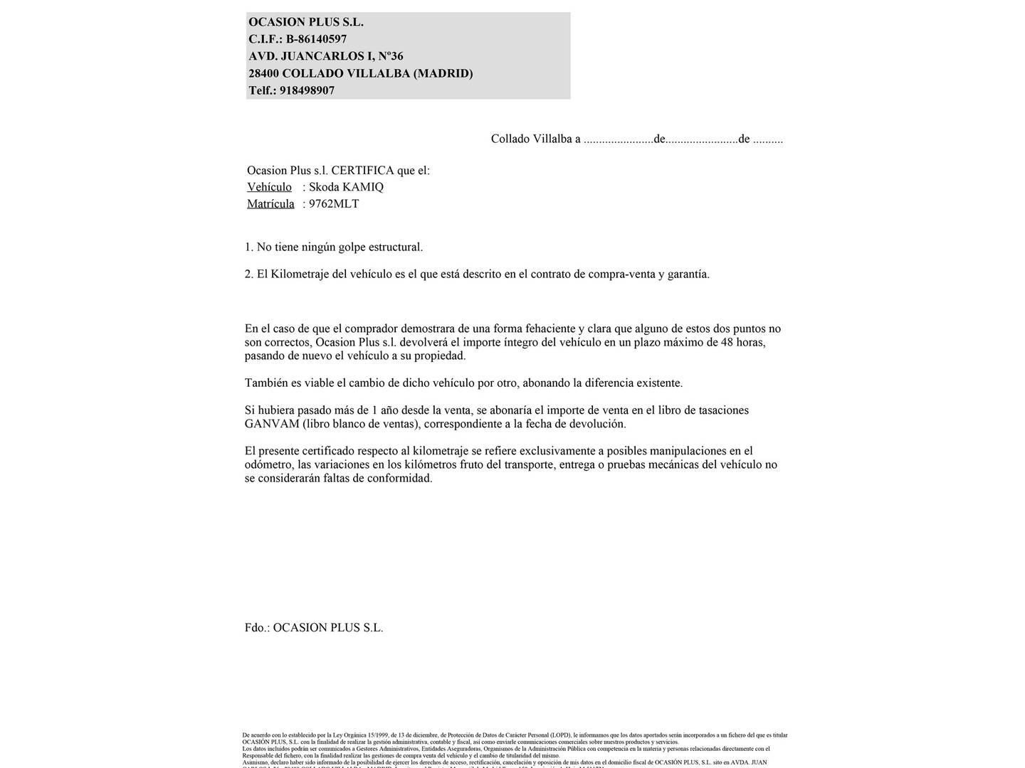 Foto del certificado del Skoda Kamiq Skoda Kamiq 1.5 TSI Ambition (150 CV)