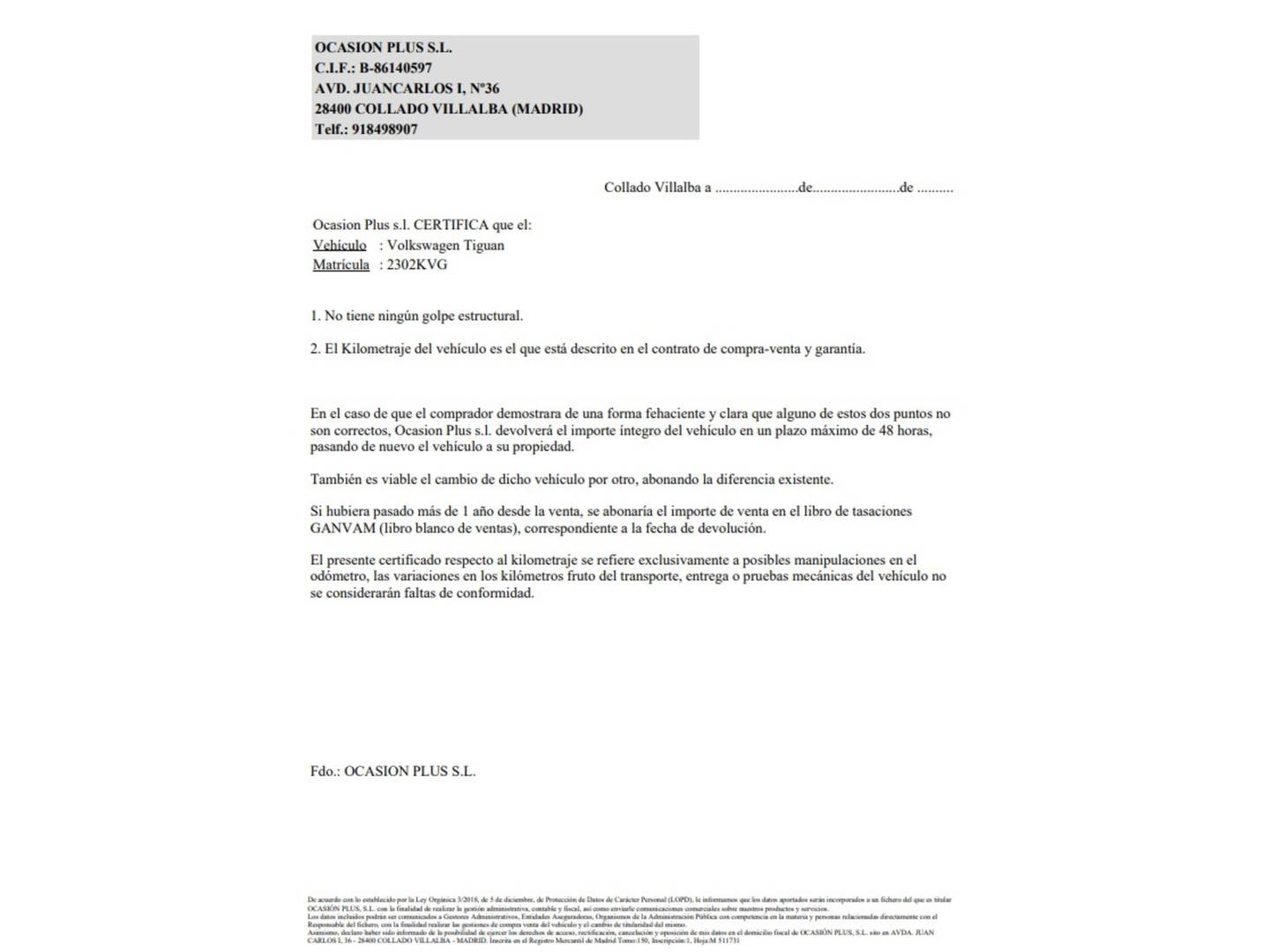 Foto del certificado del Volkswagen Tiguan Volkswagen Tiguan Advance 2.0 TDI (150 CV) Pack R-line