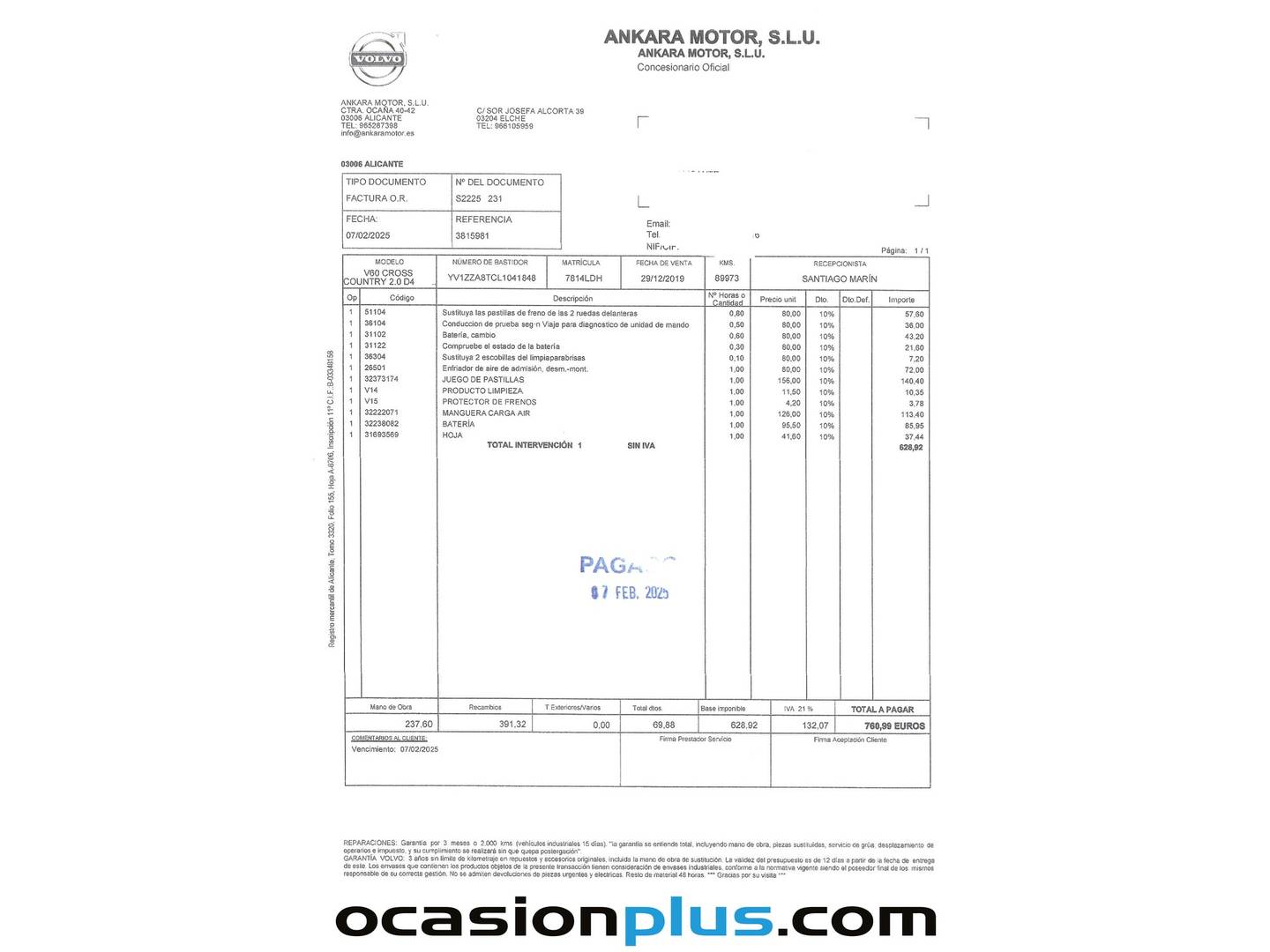 Foto del mantenimiento del Volvo V60 Cross Country Volvo V60 Cross Country D4 Pro Auto (190 CV)