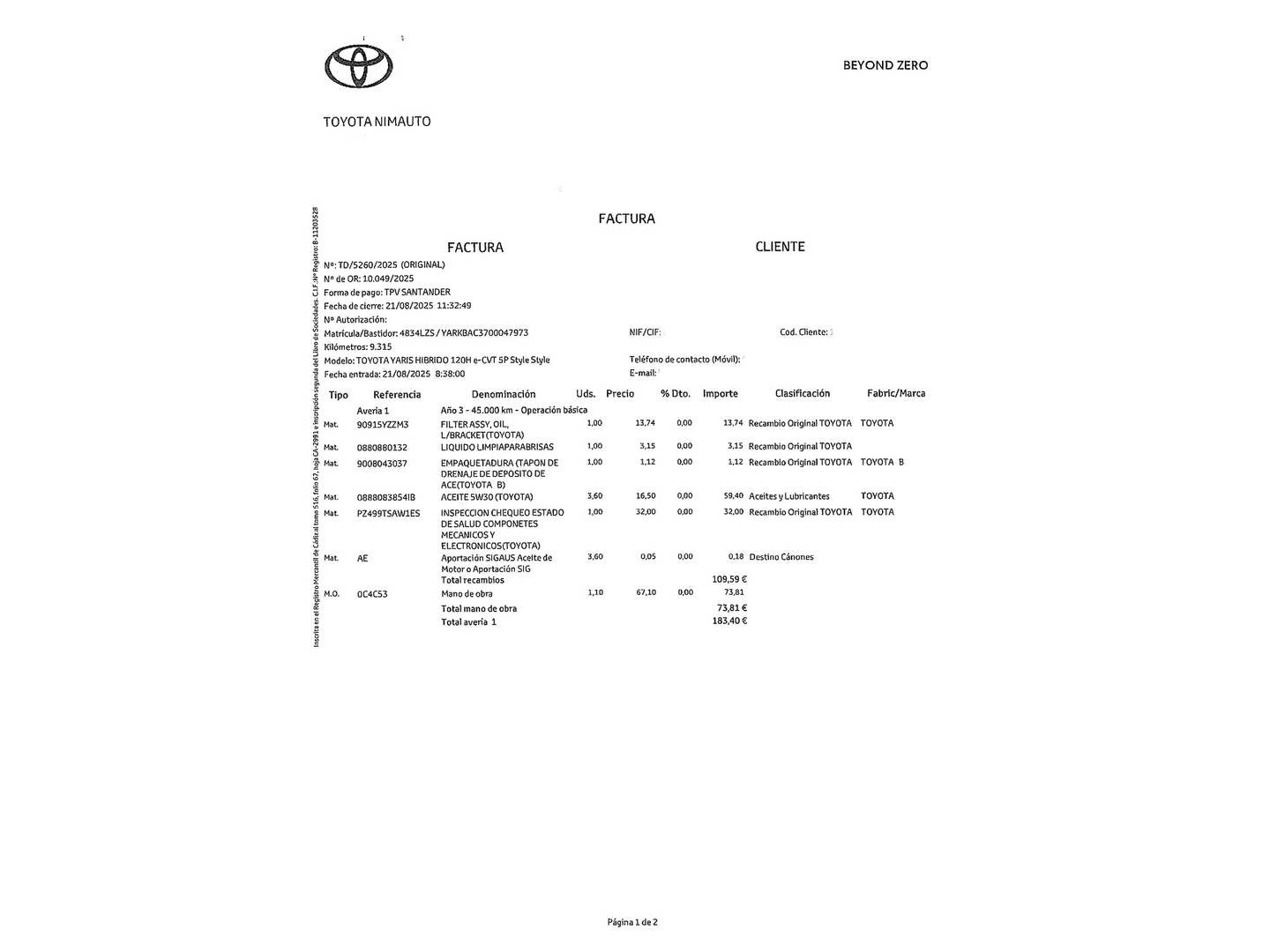 Foto del mantenimiento del Toyota Yaris Toyota Yaris 1.5 120H Style Plus (116 CV)