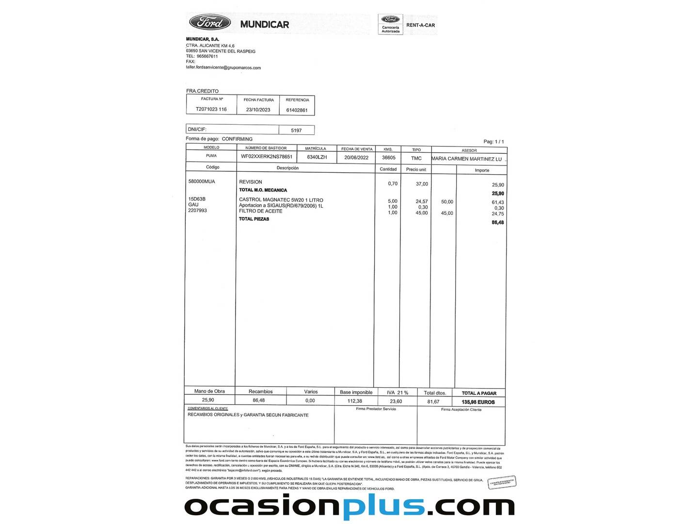 Foto del mantenimiento del Ford Puma Ford Puma 1.0 EcoBoost MHEV Titanium Design (125 CV)