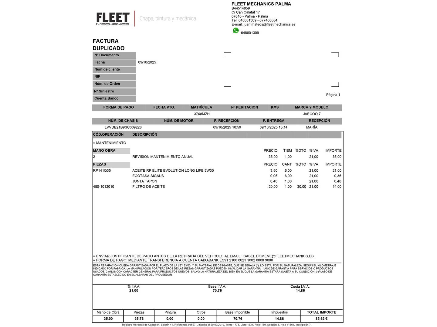 Foto del mantenimiento del JAECOO 7 JAECOO 7 1.6 TGDI Select FWD (145 CV)