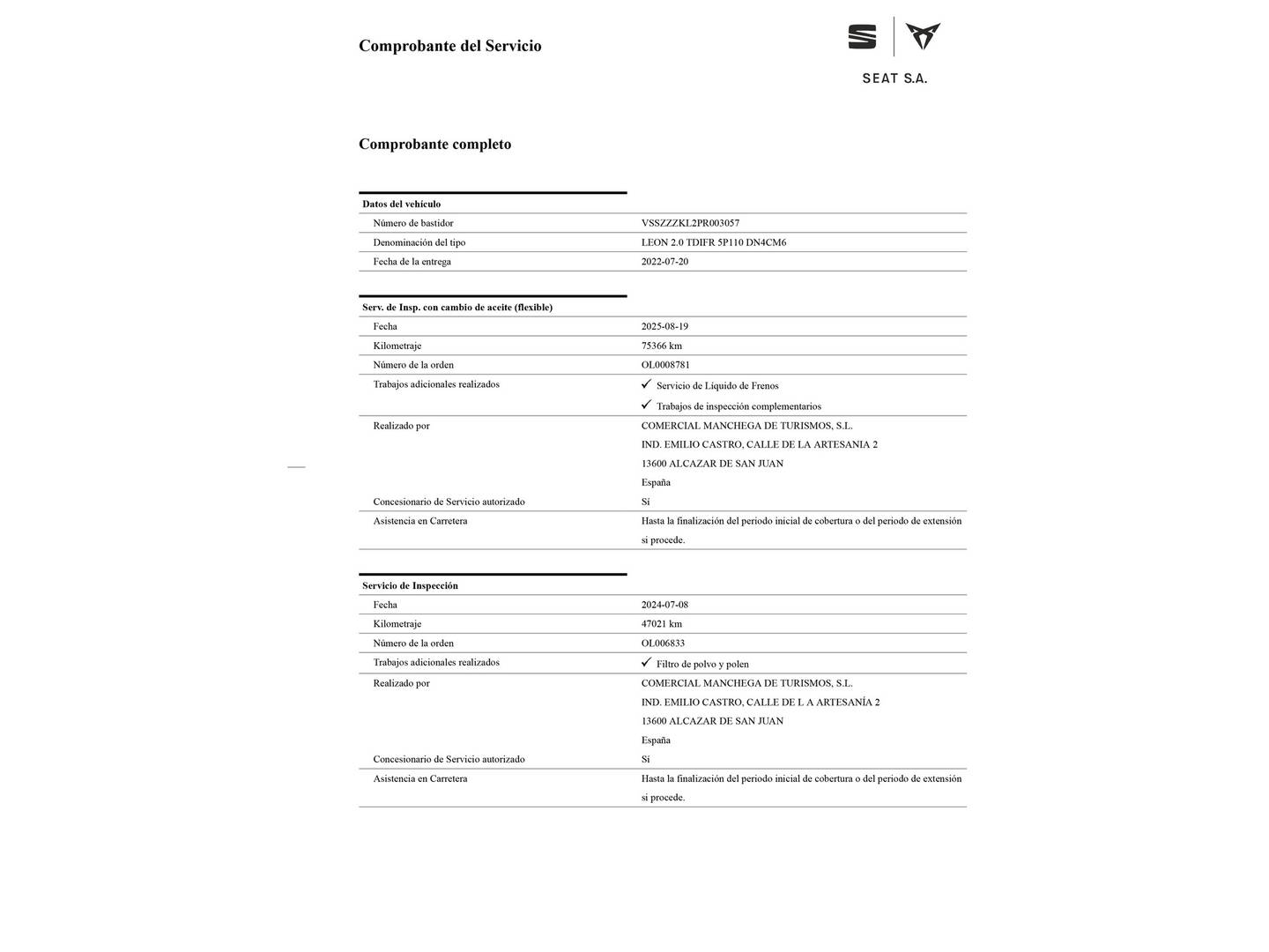 Foto del mantenimiento del Seat León SEAT León 2.0 TDI S&S FR XL (150 CV)