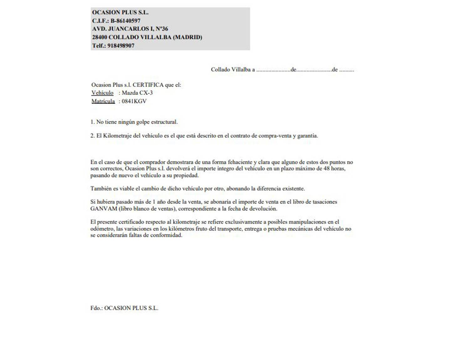Foto del certificado del Mazda CX-3 Mazda CX-3 2.0 SKYACTIV GE Luxury 2WD AT (120 CV)
