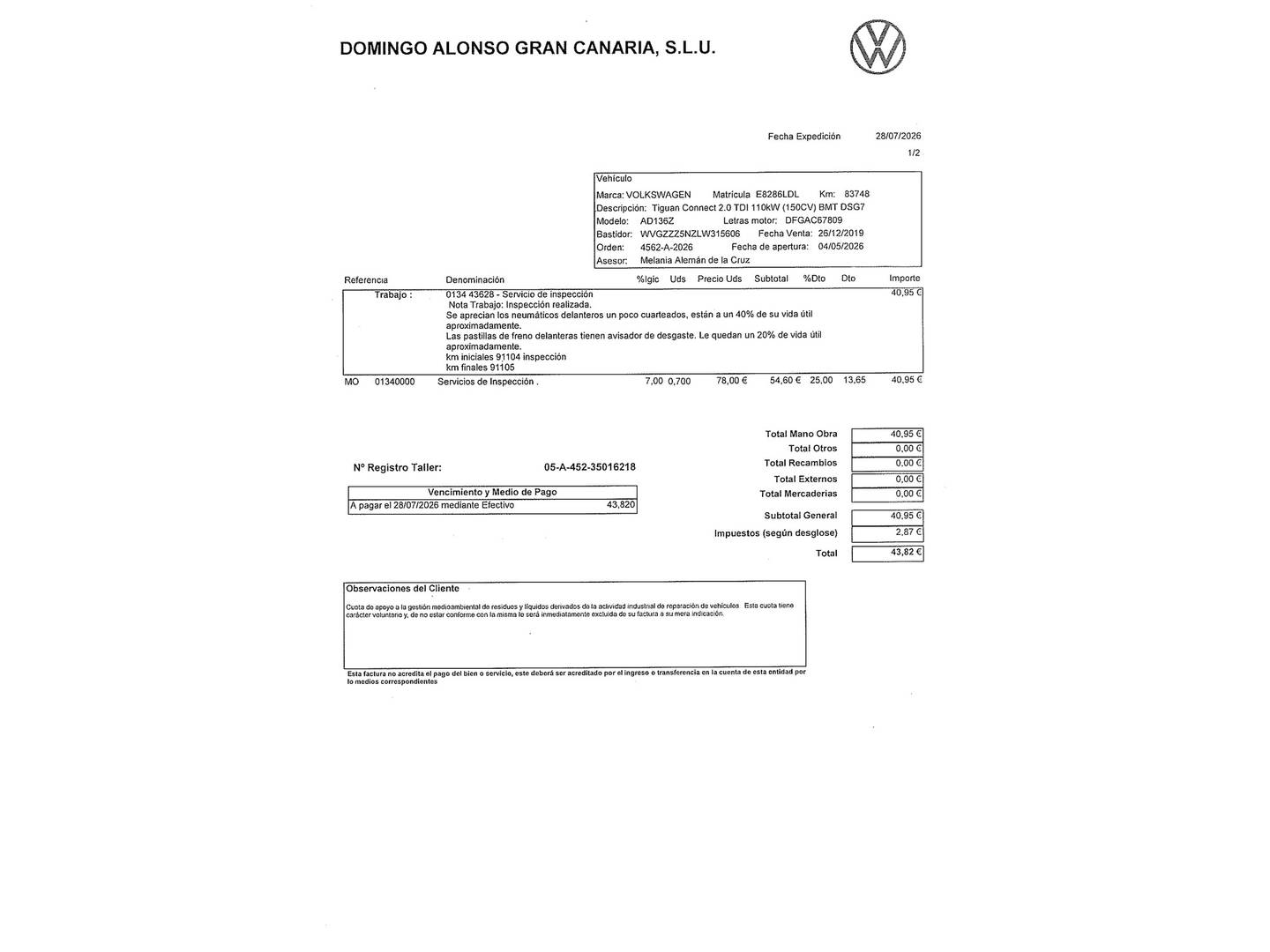 Foto del mantenimiento del Volkswagen Tiguan Volkswagen Tiguan Advance 2.0 TDI (150 CV) DSG