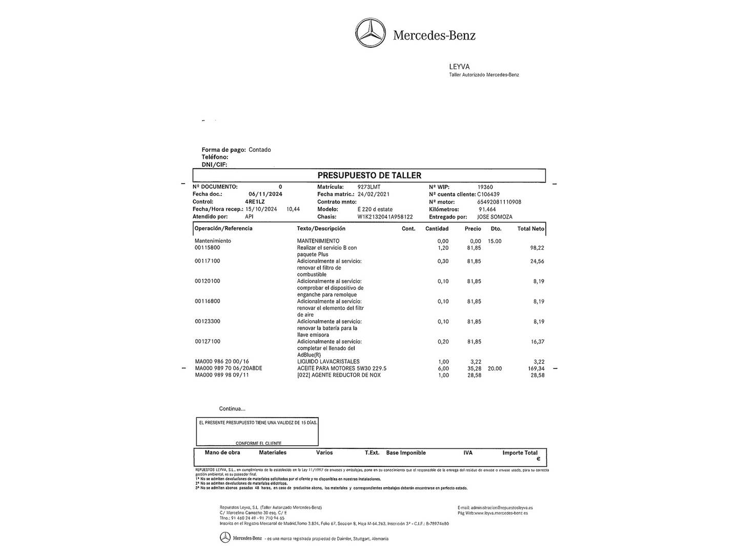 Foto del mantenimiento del Mercedes Clase E Mercedes Clase E E 220 d Estate (194 CV)  PACK AMG