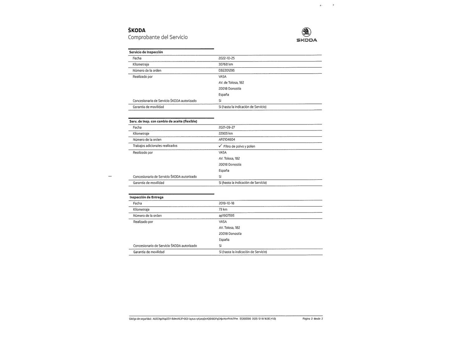 Foto del mantenimiento del Skoda Scala Skoda Scala 1.0 TSI Ambition (115 CV)