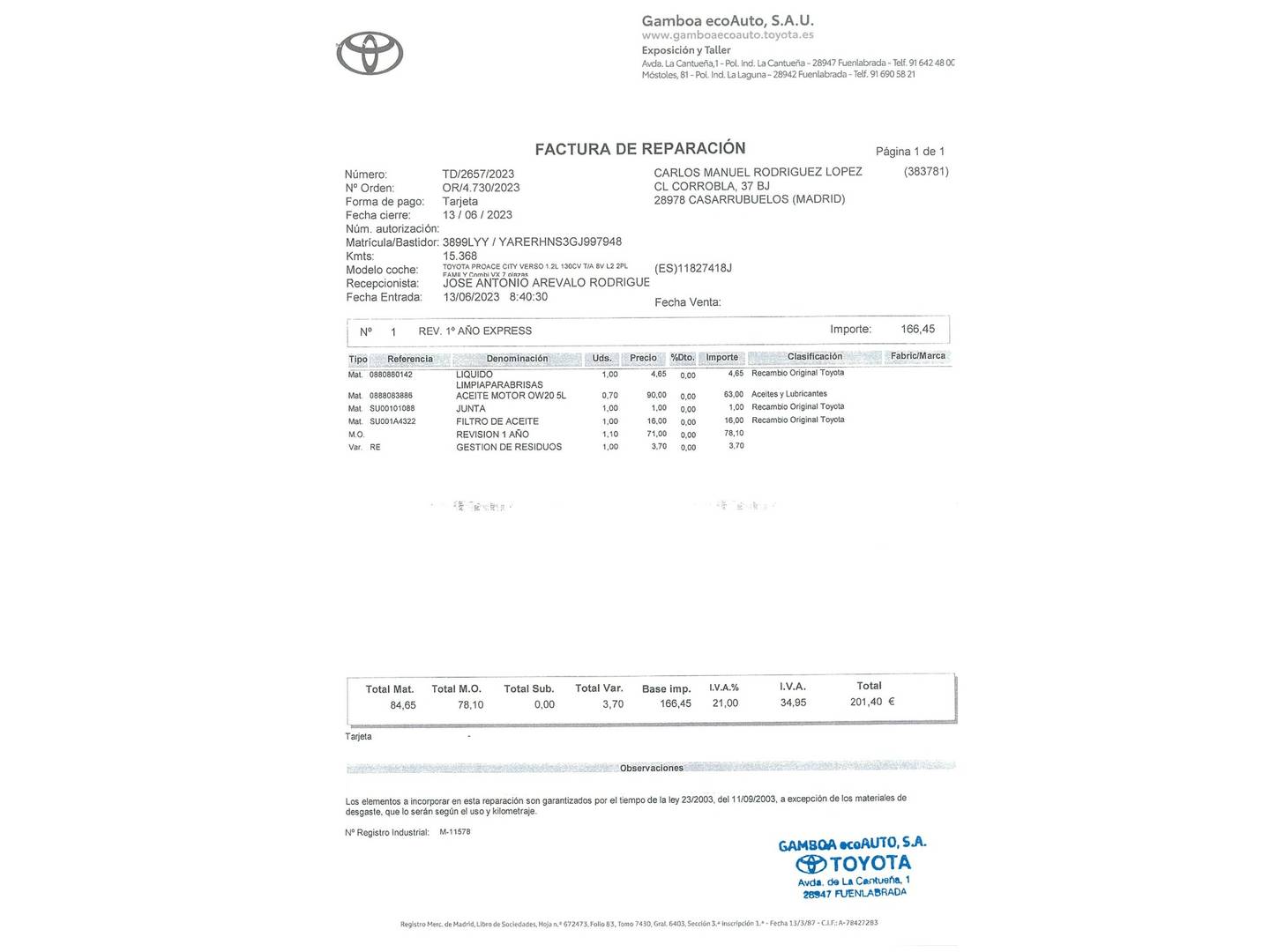 Foto del mantenimiento del Toyota Proace City Verso Toyota Proace City Verso 1.2 96kW Family Act Auto 7 Plazas L2