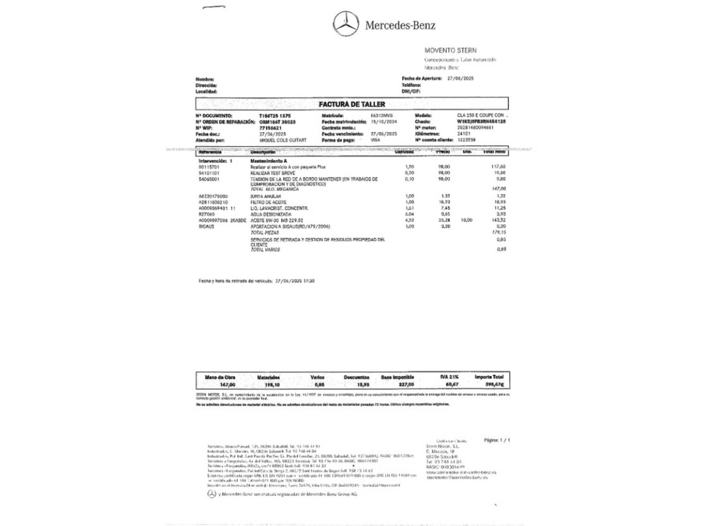 Foto del mantenimiento del Mercedes CLA Mercedes-Benz CLA CLA 250 e Pack AMG (218 CV)