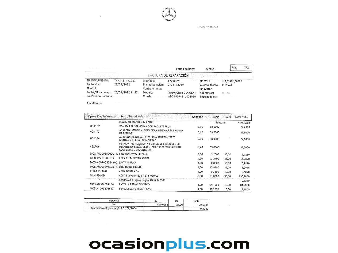Foto del mantenimiento del Mercedes GLA Mercedes GLA 180 (122 CV) Pack AMG