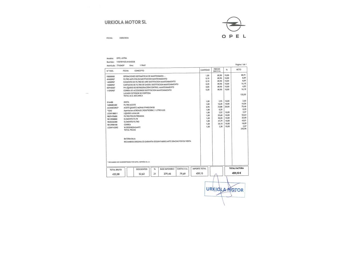Foto del mantenimiento del Opel Astra Opel Astra 1.5 D DTH GS Line (130 CV)
