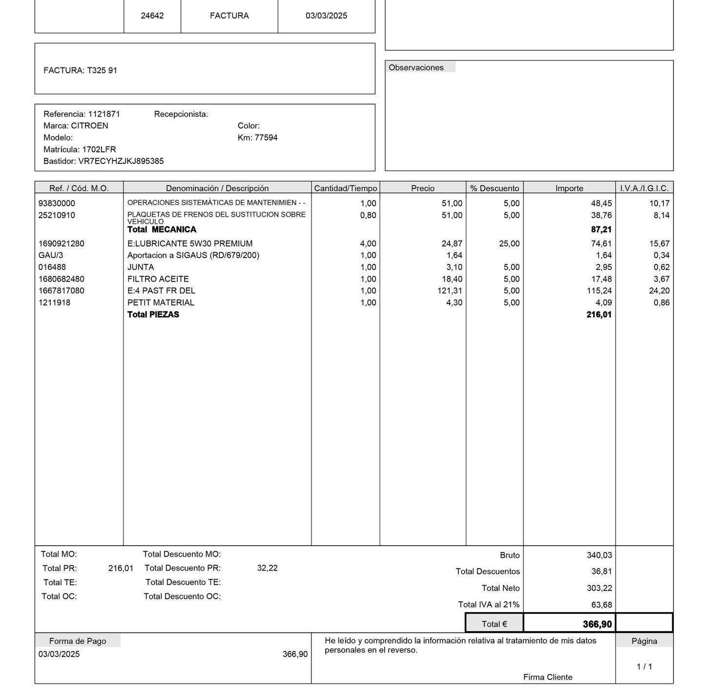 Foto del mantenimiento del Citroën Berlingo Citroen Berlingo BlueHDi 130 S&S Talla M Shine (130 CV)