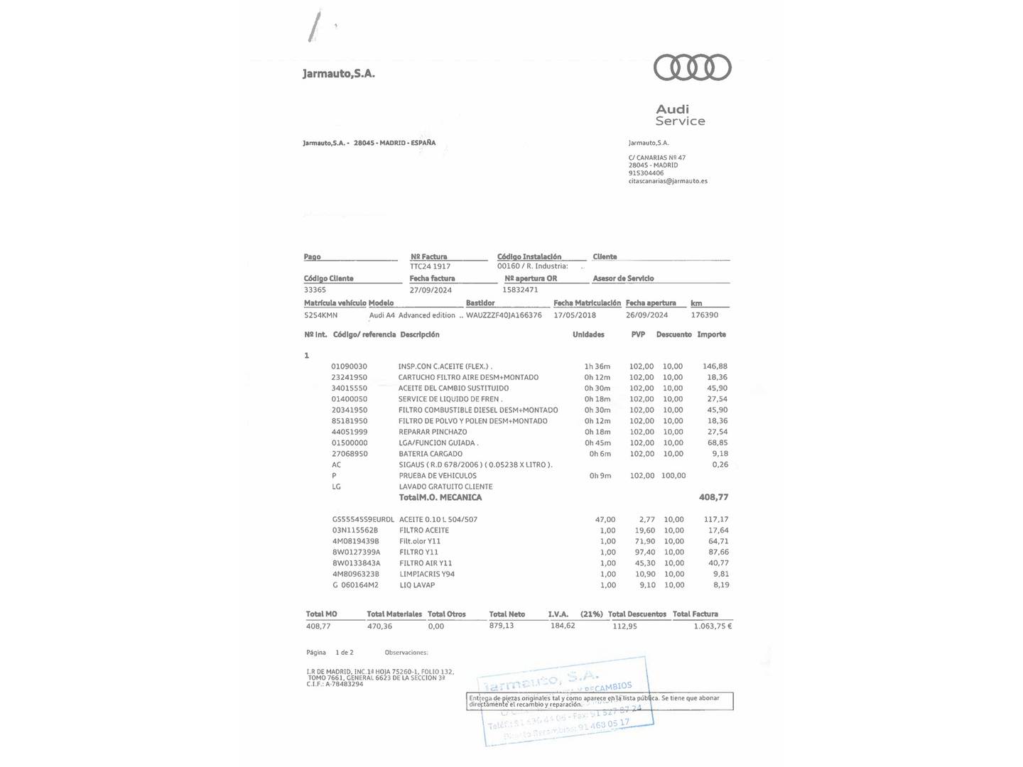Foto del mantenimiento del Audi A4 Audi A4 Advanced edition 2.0 TDI (150 CV) S tronic