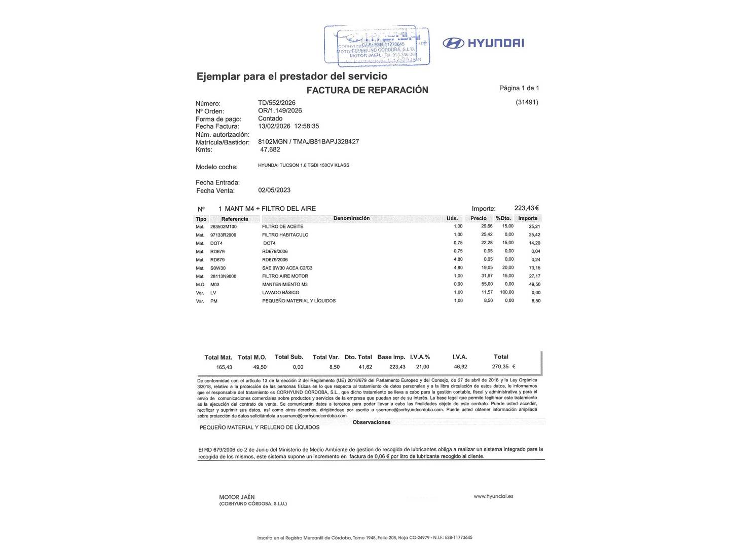 Foto del mantenimiento del Hyundai Tucson Hyundai Tucson 1.6 TGDI Klass 4x2 (150 CV)
