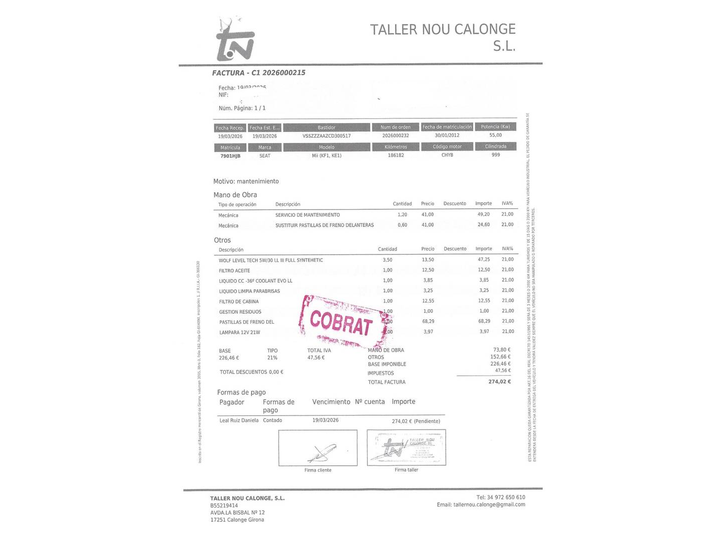 Foto del mantenimiento del Seat Mii Seat Mii 1.0 Style (75 CV)