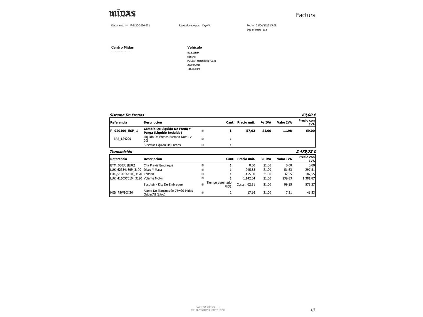 Foto del mantenimiento del Nissan PULSAR Nissan Pulsar DIG-T 190 Tekna (190 CV)