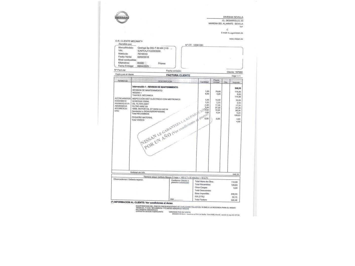 Foto del mantenimiento del Nissan QASHQAI Nissan Qashqai DIG-T 115 N-Connecta (115 CV)