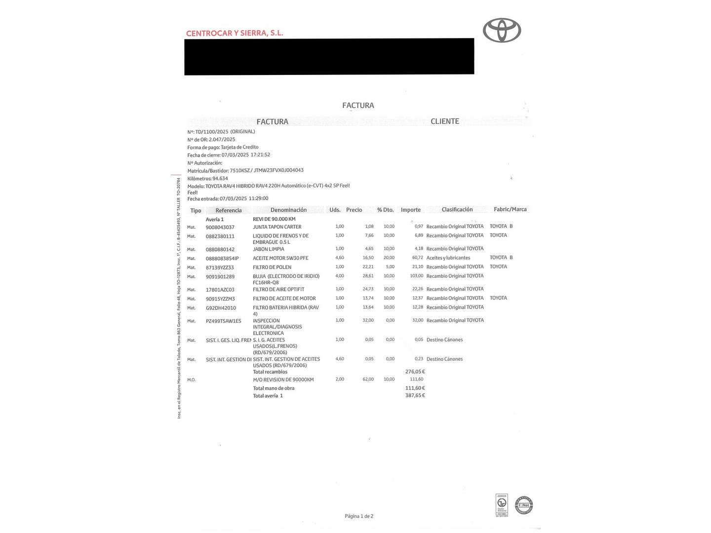 Foto del mantenimiento del Toyota Rav4 Toyota Rav4 2.5l hybrid Feel! (218 CV)