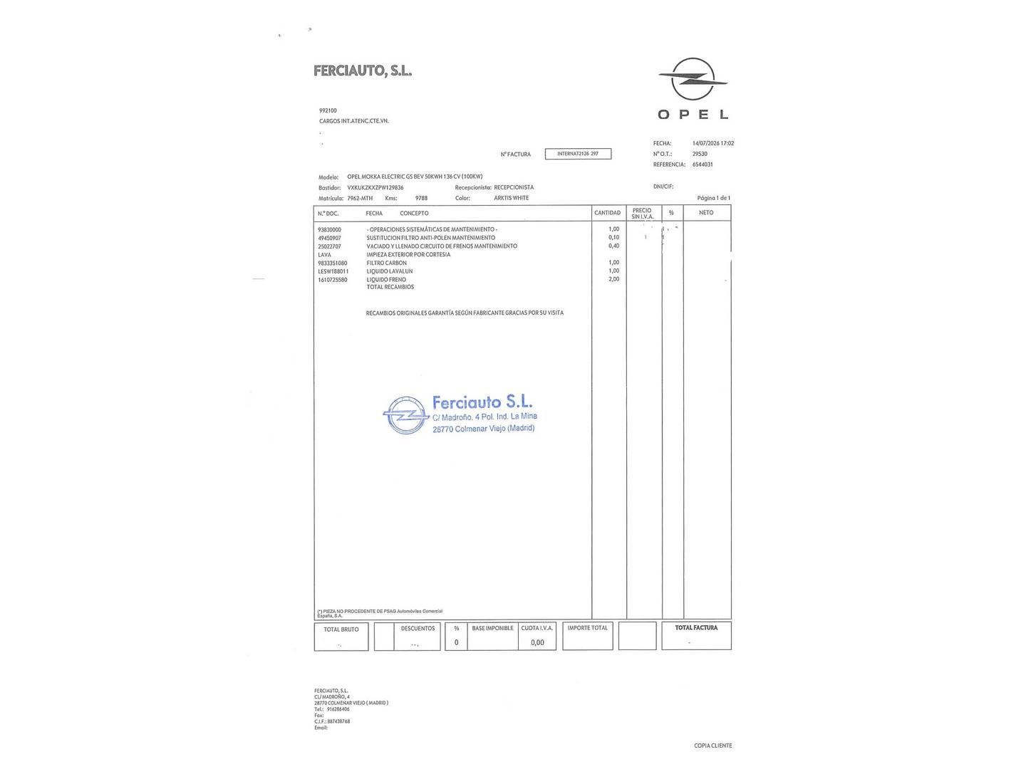 Foto del mantenimiento del Opel Mokka-e Opel Mokka-e BEV 50kWh GS-e (136 CV)