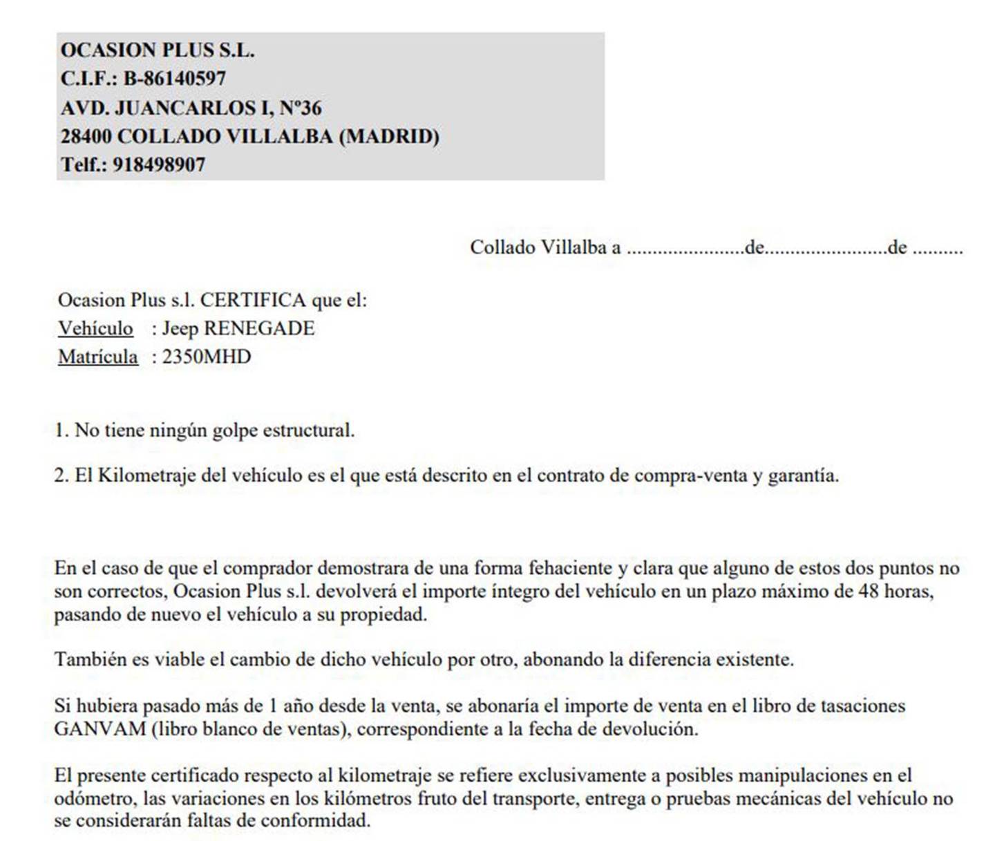 Foto del certificado del Jeep Renegade Jeep Renegade 1.3 PHEV 4xe Limited AT  (190 CV)