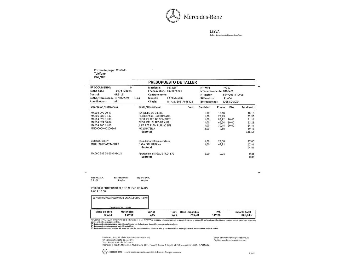 Foto del mantenimiento del Mercedes Clase E Mercedes Clase E E 220 d Estate (194 CV)  PACK AMG