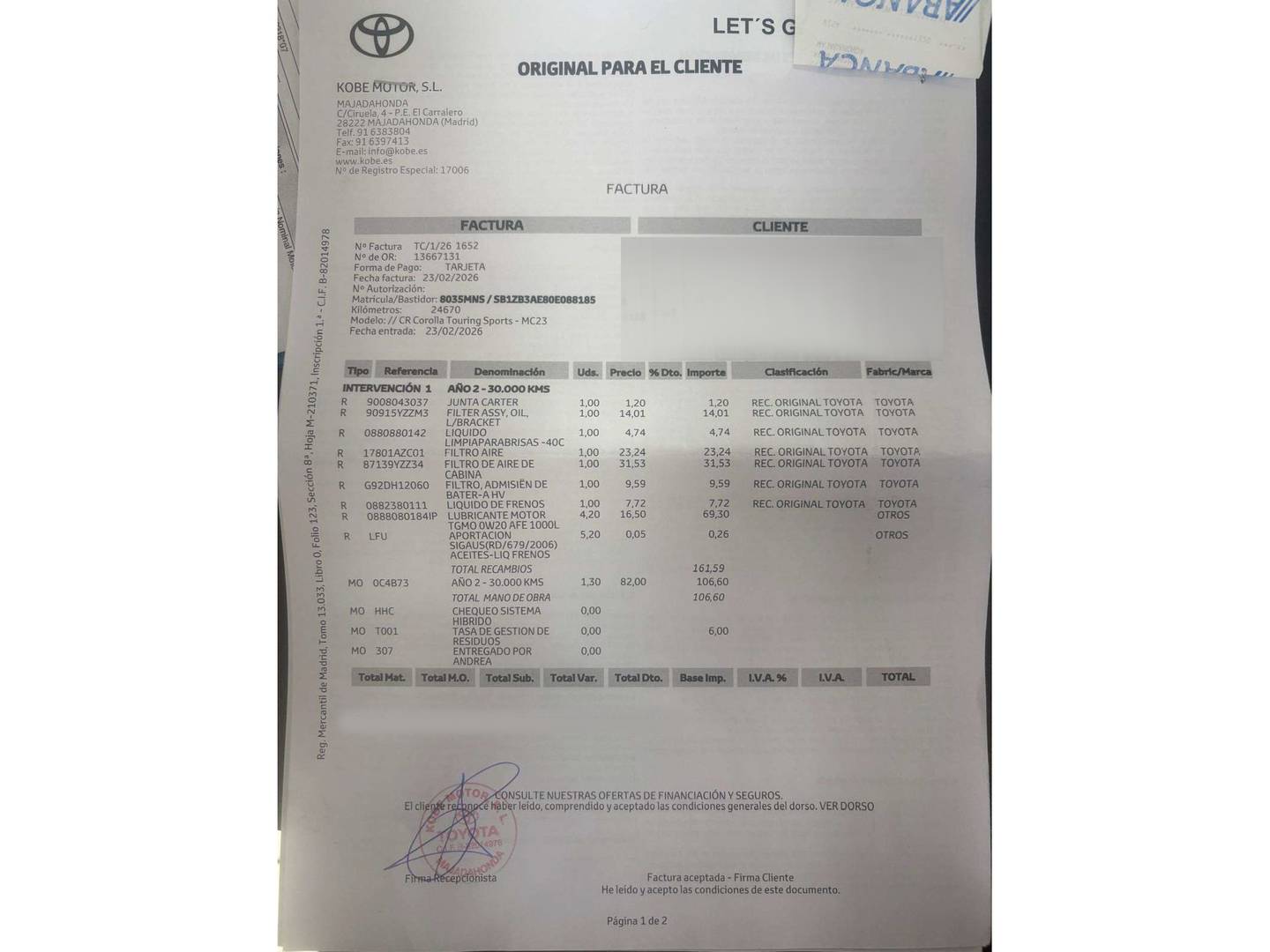 Foto del mantenimiento del Toyota Corolla Toyota Corolla 140H Active Plus Touring Sport  (140 CV)