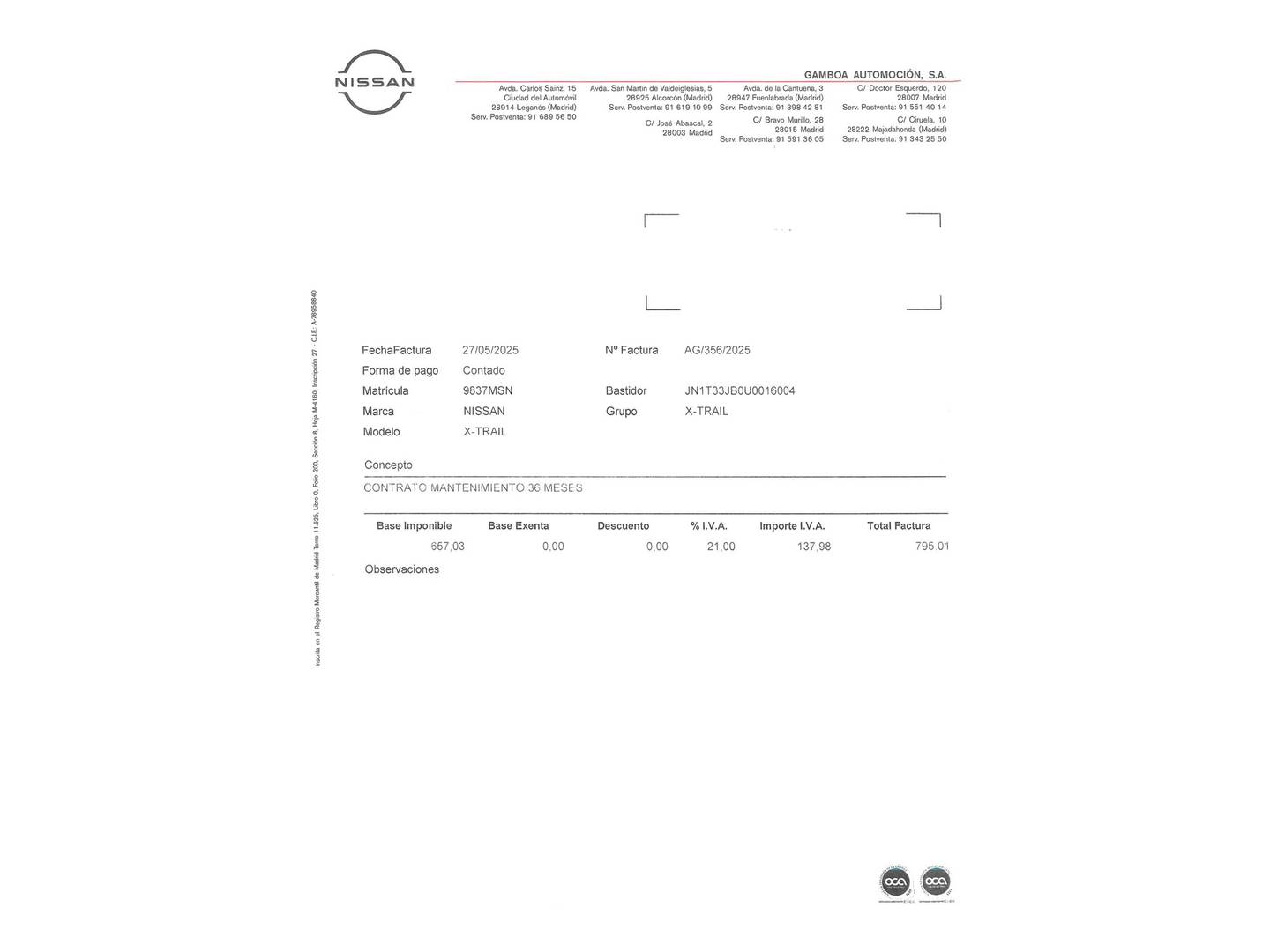 Foto del mantenimiento del Nissan X-TRAIL Nissan X-Trail 1.5 e-4ORCE N-Connecta 4X2 AT (213 CV) 7 PLAZAS