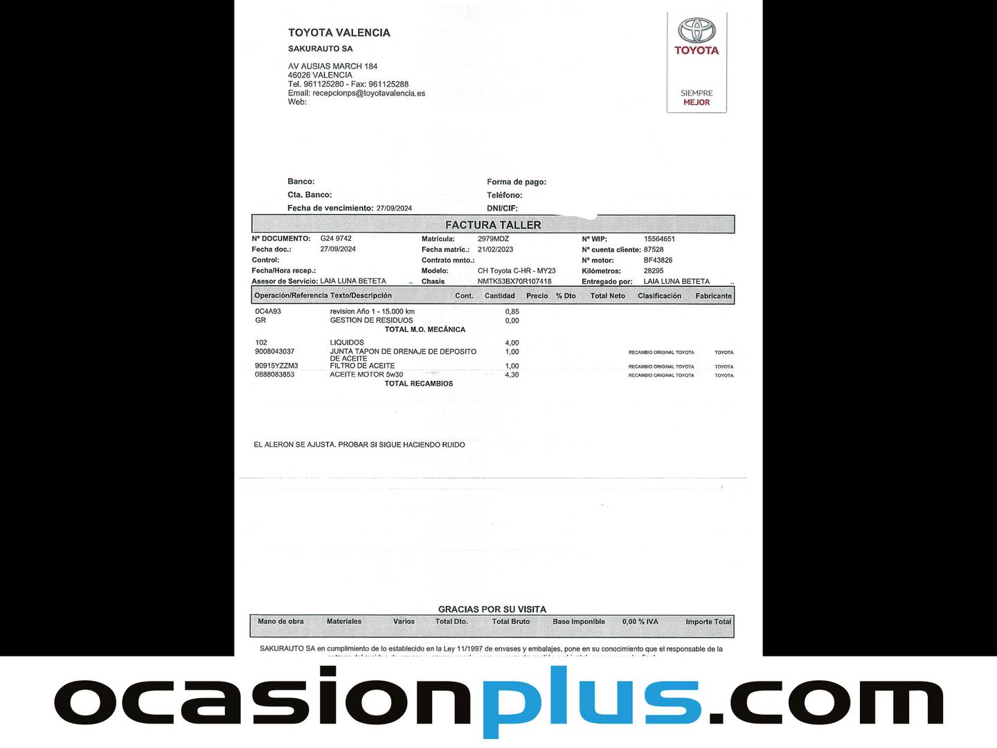 Foto del mantenimiento del Toyota C-HR Toyota C-HR 180H Advance (184 CV)