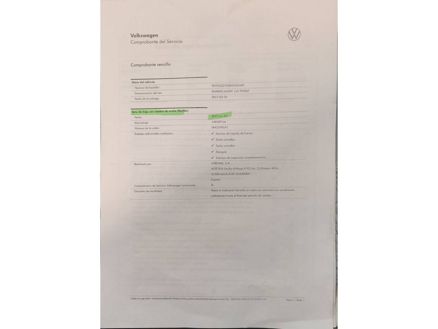Foto del mantenimiento del Volkswagen Sharan Volkswagen Sharan Sport 2.0 TDI BMT (150 CV) 7 Plazas