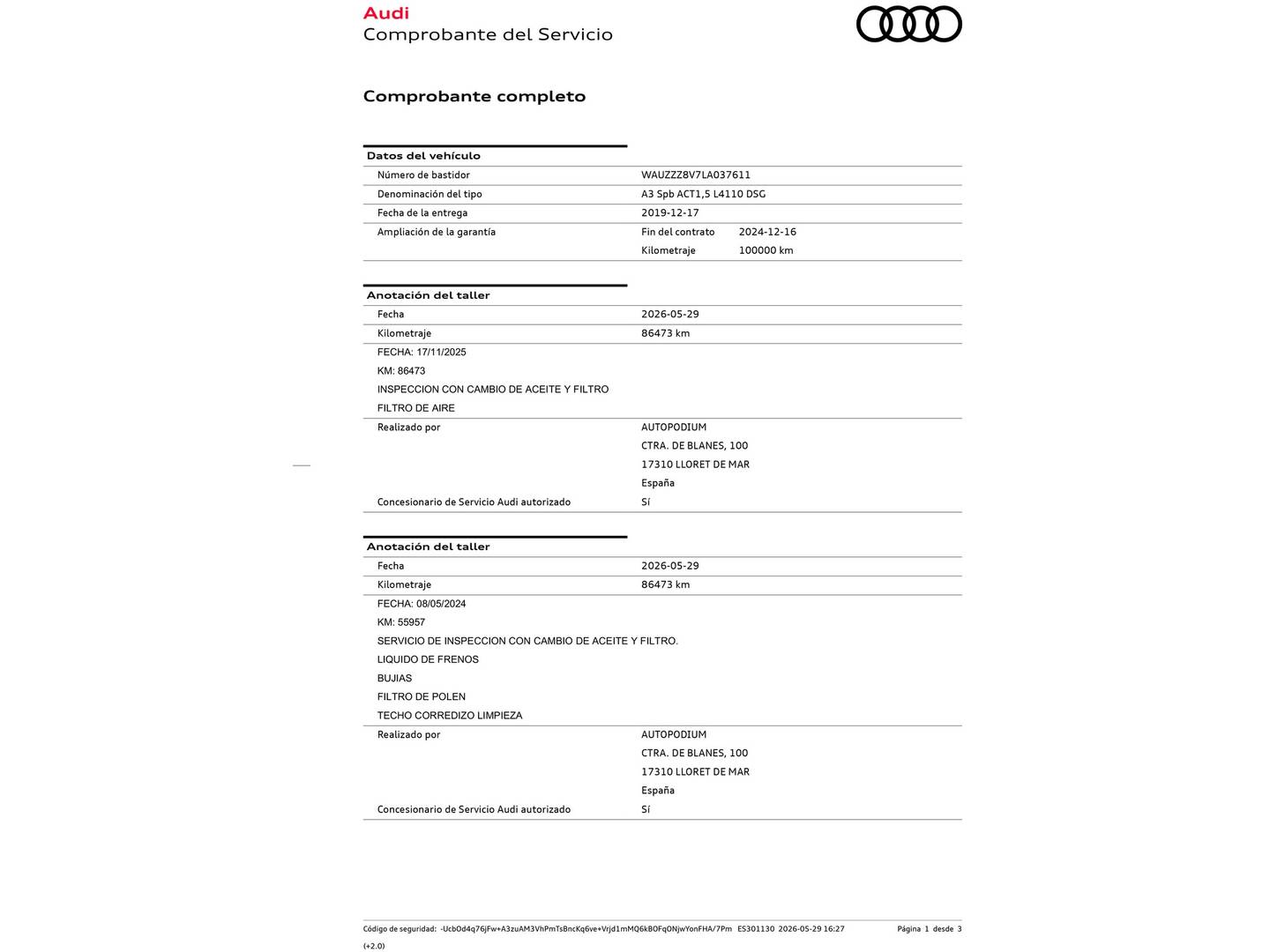 Foto del mantenimiento del Audi A3 Audi A3 Sportback Black Line 35 TFSI (150 CV) S-Tronic