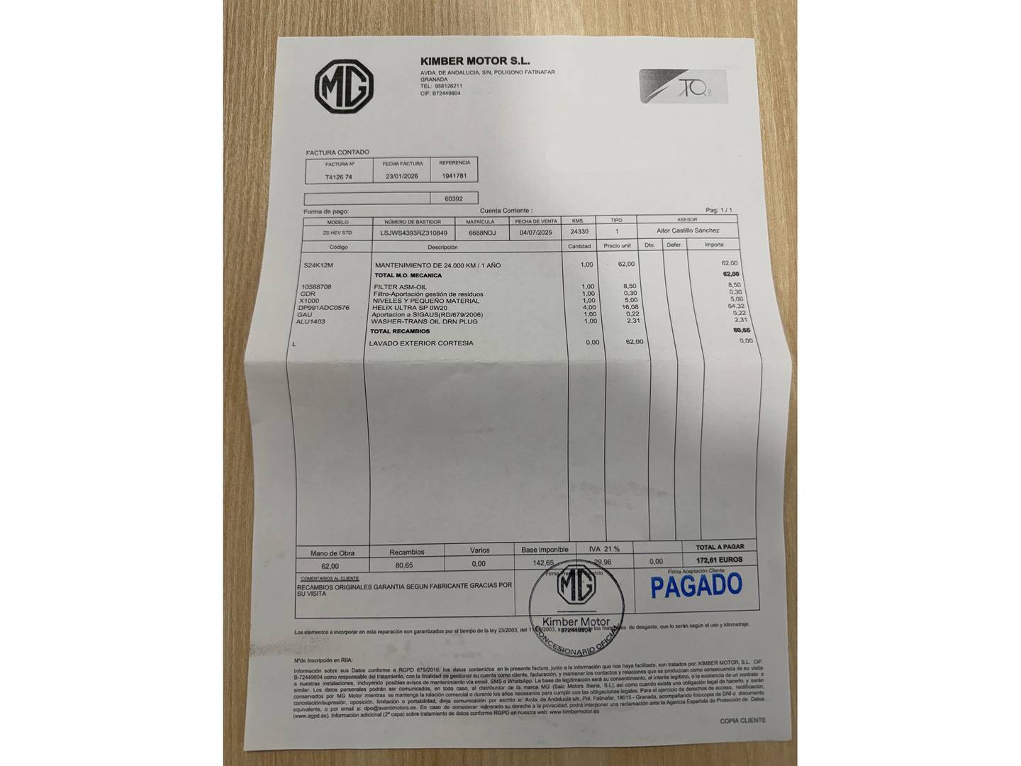 Foto del mantenimiento del MG ZS MG ZS 1.5 Hybrid+ Standard (197 CV)