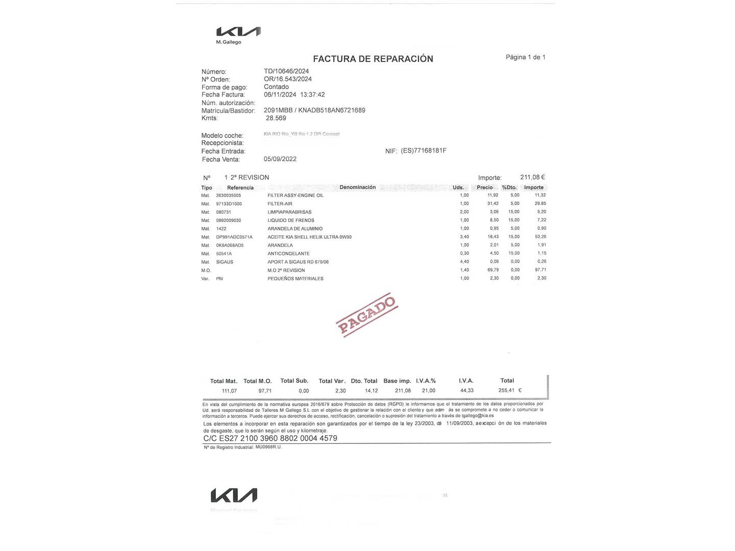 Foto del mantenimiento del KIA Rio KIA Rio 1.2 DPi Concept (84 CV)
