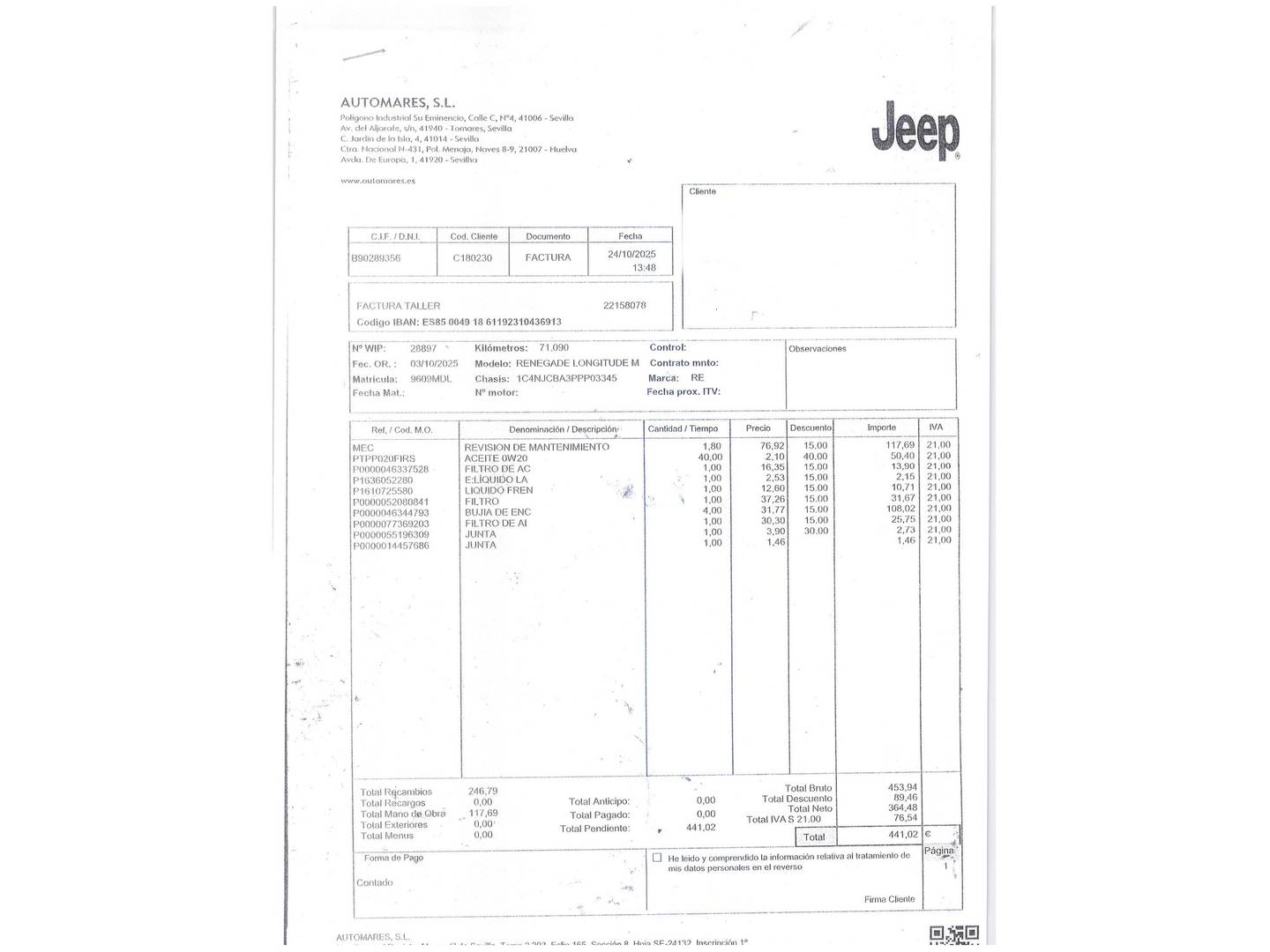 Foto del mantenimiento del Jeep Renegade Jeep Renegade eHybrid Longitude ATX (130 CV)