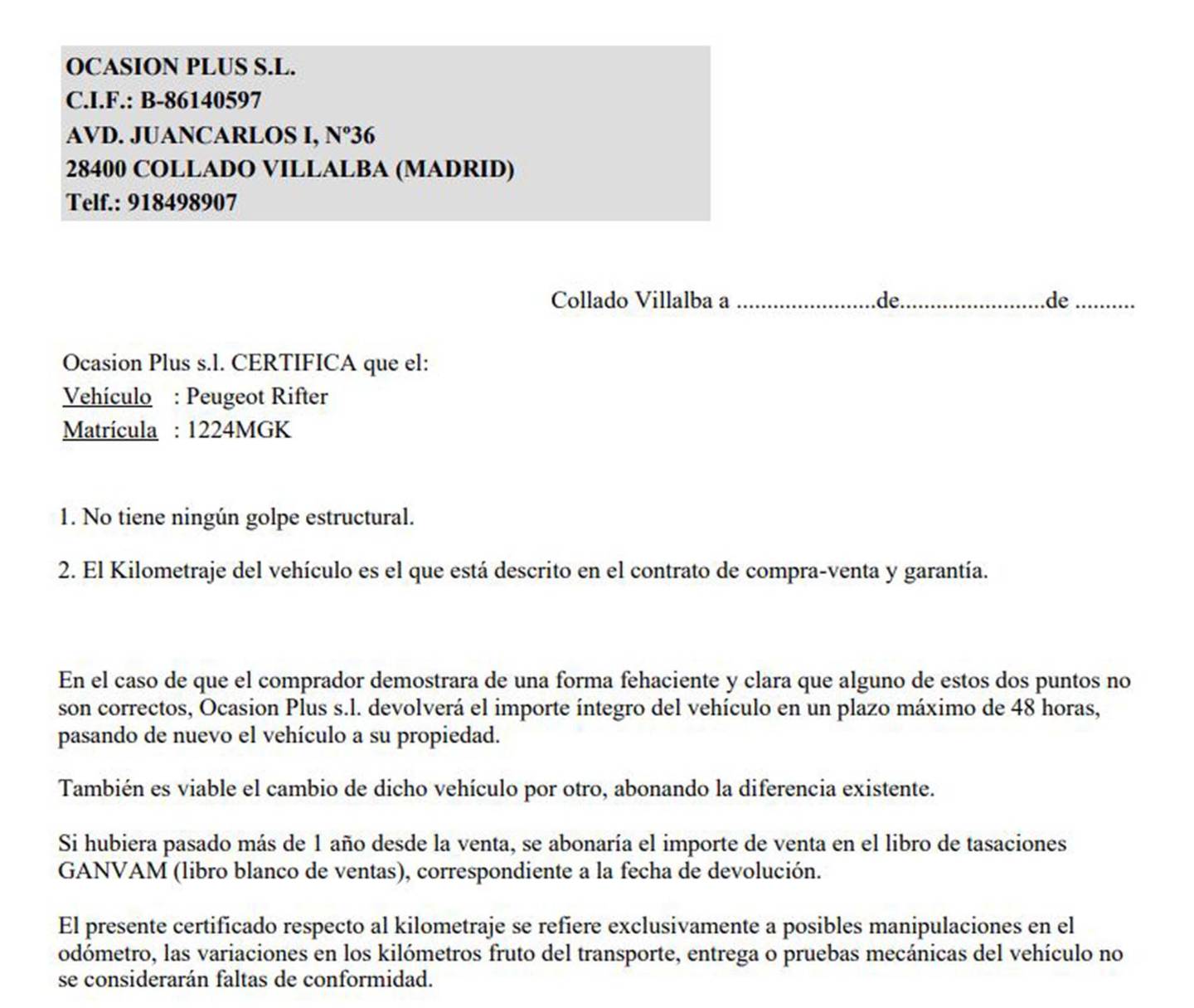 Foto del certificado del Peugeot Rifter Peugeot Rifter BlueHDi 130 S&S Allure Business Standard (130 CV)