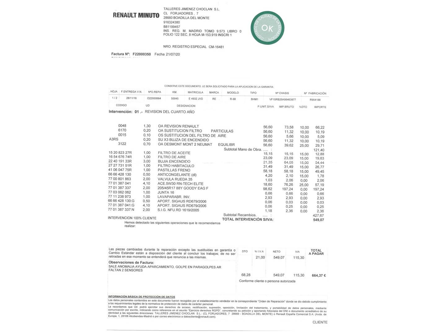 Foto del mantenimiento del Renault Clio Renault Clio Zen Energy TCe (90 CV)