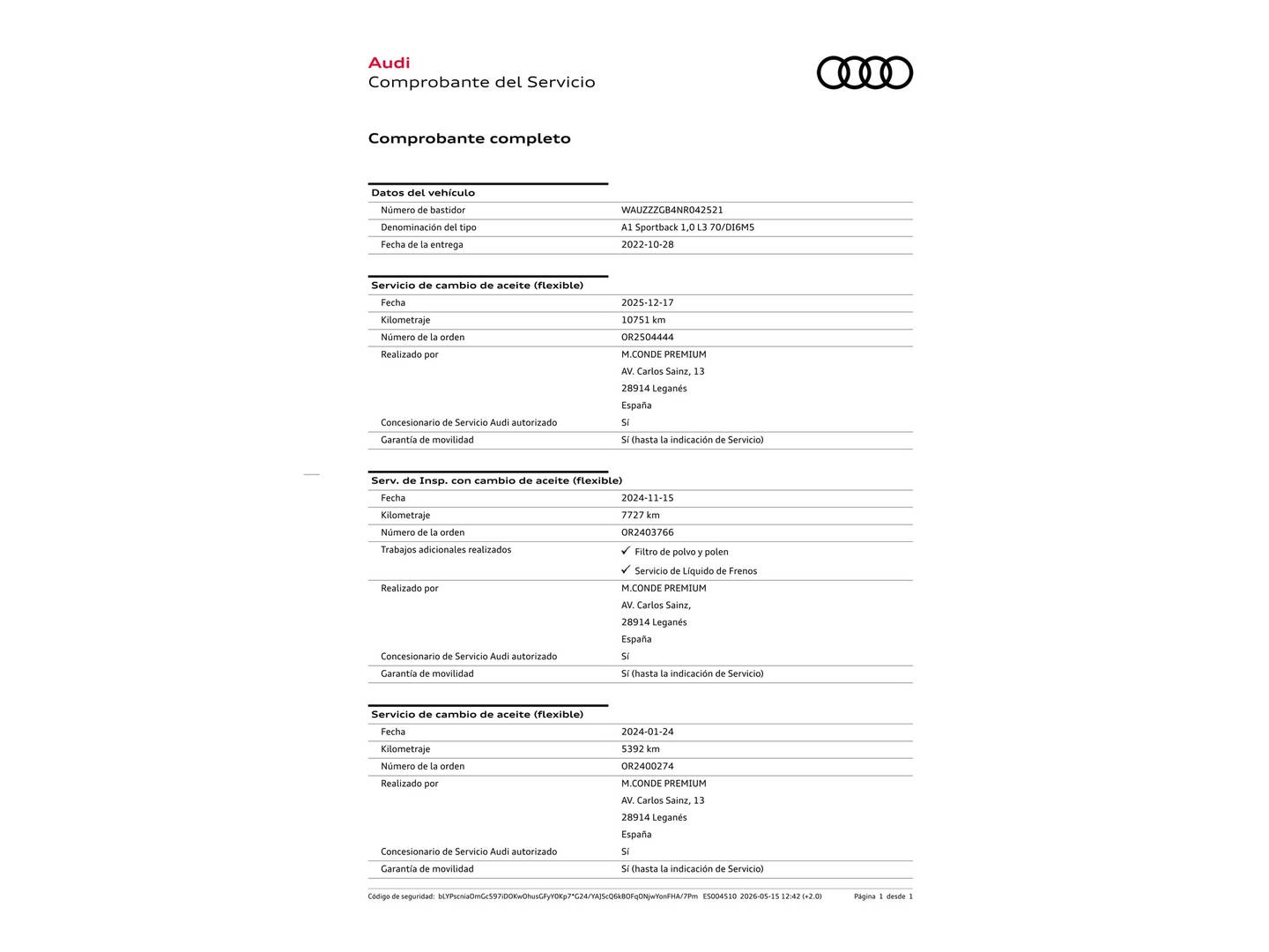 Foto del mantenimiento del Audi A1 Audi A1 Sportback Adrenalin edition 25 TFSI (95 CV) Pack S-Line